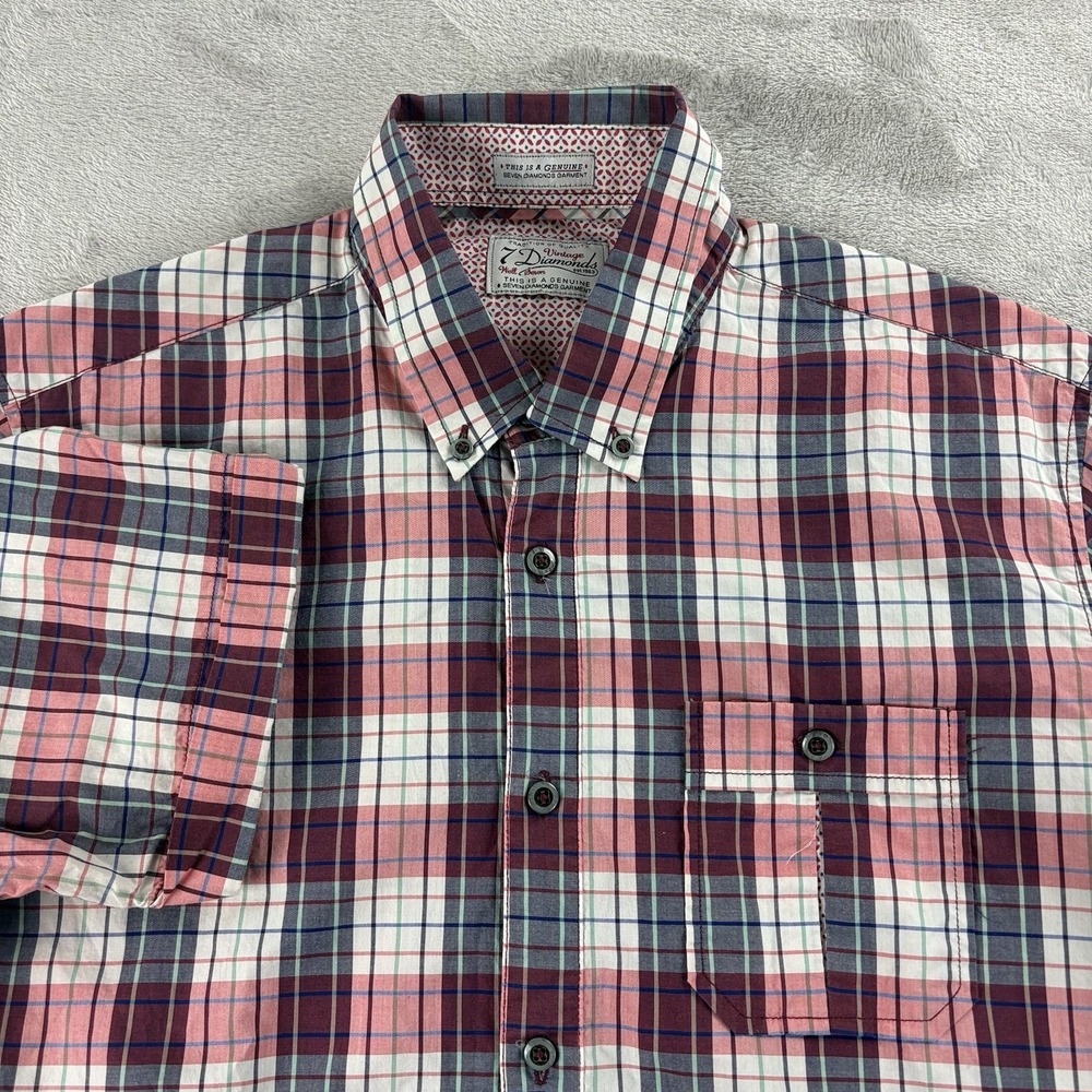 7 Diamonds Vintage Shirt Mens Size Small Red Blue‎ Plaid Short Sleeve Button Up